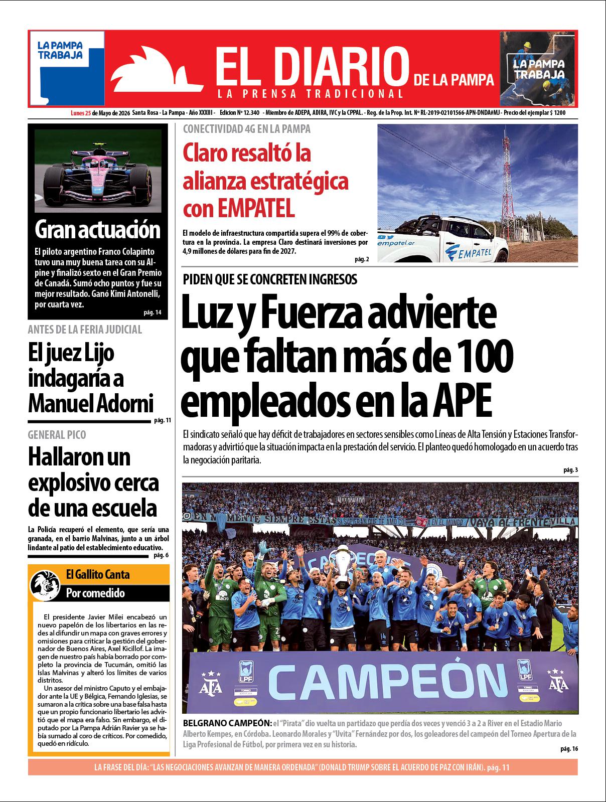 Tapa de El Diario en papel  lunes 25 de mayo de 2026